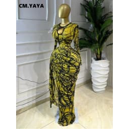 CM.YAYA Women Tie Dye Print Ribbon Ruched Long Sleeve Bodycon Maxi Long Dress 2026 Sexy Birthday Party Vacation Trendy Dresses