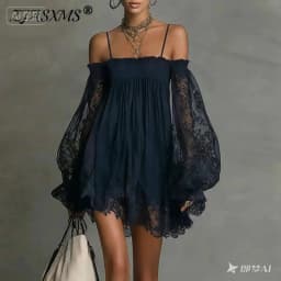 Boho Spring Off Shoulder Hollow Lace Dress Woman Elegant Puff Sleeve Ruffle Party Dresses Summer A-line Casual Holiday Mini Robe