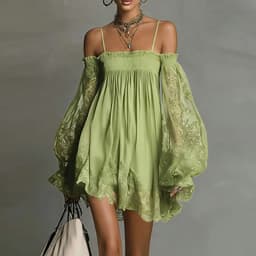 Boho Spring Off Shoulder Hollow Lace Dress Woman Elegant Puff Sleeve Ruffle Party Dresses Summer A-line Casual Holiday Mini Robe