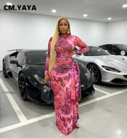 CM.YAYA Women Tie Dye Print O-neck Ribbon Long Sleeve Long Dress 2026 Street Evening Birthday Club Party Vestidos Sexy Dresses