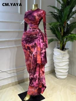 CM.YAYA Women Tie Dye Print O-neck Ribbon Long Sleeve Long Dress 2026 Street Evening Birthday Club Party Vestidos Sexy Dresses