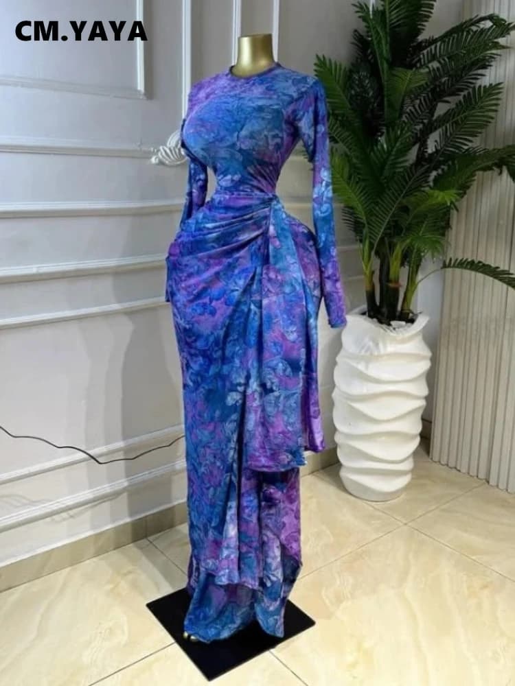 CM.YAYA Women Tie Dye Print O-neck Ribbon Long Sleeve Long Dress 2026 Street Evening Birthday Club Party Vestidos Sexy Dresses