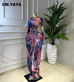 CM.YAYA Women Tie Dye Print O-neck Ribbon Long Sleeve Long Dress 2026 Street Evening Birthday Club Party Vestidos Sexy Dresses