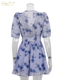 Clacive Fashion Loose Print Women Dress 2025 Sexy Deep V-Neck Short Sleeve Mini Dresses Elegant Classic High Waist Female Dress