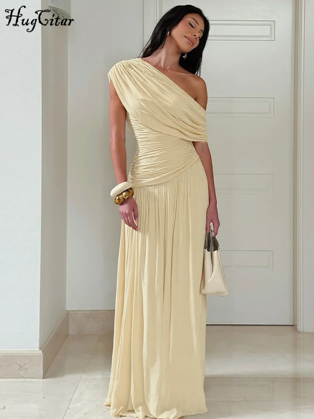 Hugcitar One Shoulder Ruched Sleeveless Solid Pleated Sexy Irregular Y2K Maxi Dress Summer Elegant Party Women Clothes Vacation