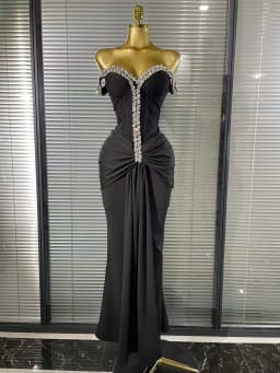 Black Color Women Sexy Off the Shoulder Shining Crystal Bodycon Long Gowns Dress Elegant Evening Party Celebrate Outfit