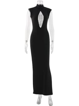 Ahagaga Fashion Sexy Women's Maxi Dresses Turtleneck Short Sleeves Hollow Out Lace Patchwork Sheath Split Party Solid Vestidos
