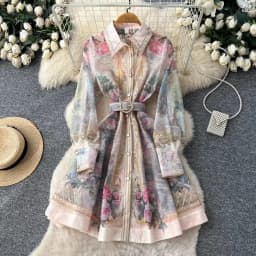 Elegant Flower Printed Long Lantern Sleeve Linen Mini Dress 2026 Women's Lapel Single Breasted Birthday Party Club Vestidos