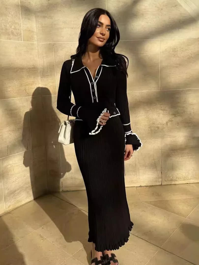 Elegant Knitted Slim Fit Color Block Long Dress Autumn New Fashion High End Personality Ladies Casual Polyester H Version Skirt
