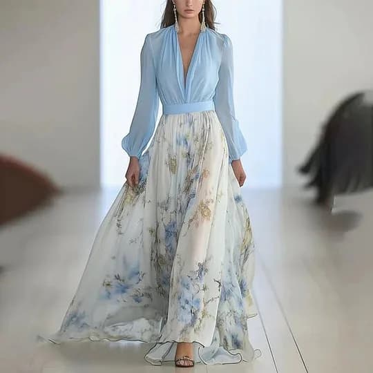 Elegant Long Sleeve Maxi Dress Women 2025 Summer Fashion Slim Floral Print V-neck White Long Dresses Casual