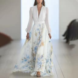 Elegant Long Sleeve Maxi Dress Women 2025 Summer Fashion Slim Floral Print V-neck White Long Dresses Casual