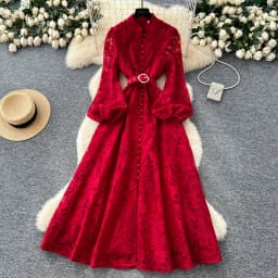 Spring Autumn High End Elegant Birthday Party Women's Dress New French Hook Flower Single Breasted Slim Lace Long Dress S89