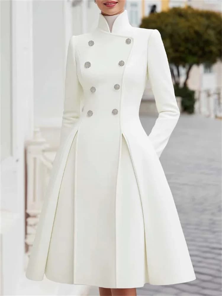 Yeezzi Women's British Style Buttoned Stand Collar Overcoat Midi Dresses Long Sleeves High Waisted Pleated Evening A-line Dress