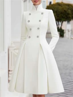 Yeezzi Women's British Style Buttoned Stand Collar Overcoat Midi Dresses Long Sleeves High Waisted Pleated Evening A-line Dress