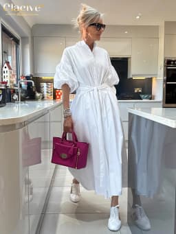 Clacive Fashion Loose White Cotton Women Dress Casual Stand Collar Half Sleeve Midi Dresses Elegant Classic Lace-Up Female Dress