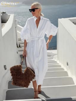 Clacive Fashion Loose White Cotton Women Dress Casual Stand Collar Half Sleeve Midi Dresses Elegant Classic Lace-Up Female Dress