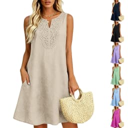 2026 New Loose Pocket Linen Dress For Women V Neck Embroidery Bohemian Floral Summer Dresses Women Knee Length Sundress Vestidos
