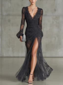 Black Lace Evening Dress V Neck Full Sleeves A Line Mermaid Prom Formal Occasion Dress Elegant Party Dresses Gowns