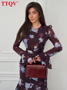 TTQV Fashion Loose Print Women Dress 2026 Autumn O-Neck Long Sleeve Ankle Length Dresses Elegant Classic High Waist Female Dress
