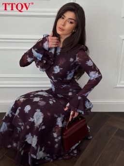TTQV Fashion Loose Print Women Dress 2026 Autumn O-Neck Long Sleeve Ankle Length Dresses Elegant Classic High Waist Female Dress
