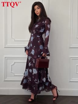 TTQV Fashion Loose Print Women Dress 2026 Autumn O-Neck Long Sleeve Ankle Length Dresses Elegant Classic High Waist Female Dress