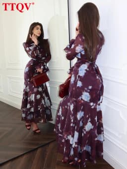 TTQV Fashion Loose Print Women Dress 2026 Autumn O-Neck Long Sleeve Ankle Length Dresses Elegant Classic High Waist Female Dress