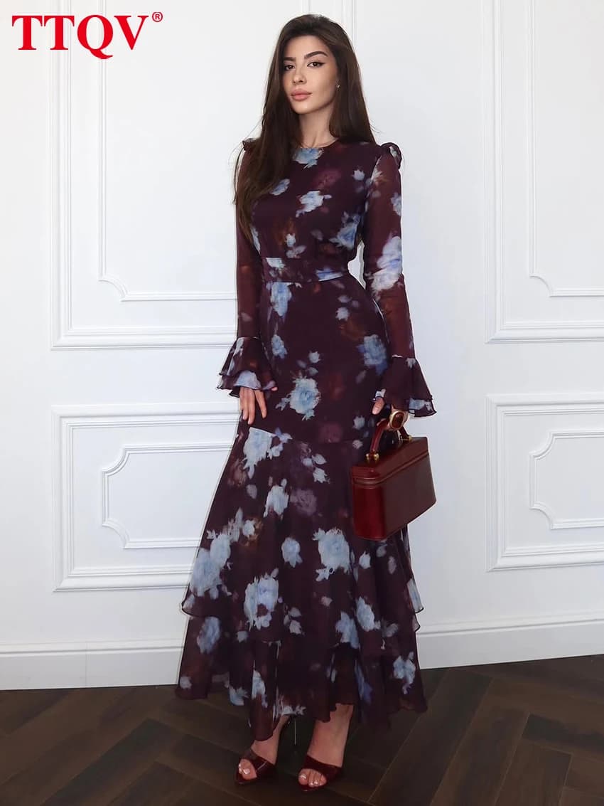 TTQV Fashion Loose Print Women Dress 2026 Autumn O-Neck Long Sleeve Ankle Length Dresses Elegant Classic High Waist Female Dress