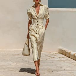 Vintage Vertical Stripe Shirt Dress Women Turn Down Collar Puff Sleeve High Waist Dress Belted Button Pocket Resort Travel Dress