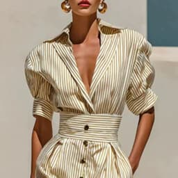 Vintage Vertical Stripe Shirt Dress Women Turn Down Collar Puff Sleeve High Waist Dress Belted Button Pocket Resort Travel Dress