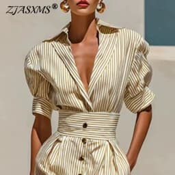 Vintage Vertical Stripe Shirt Dress Women Turn Down Collar Puff Sleeve High Waist Dress Belted Button Pocket Resort Travel Dress