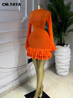 CM.YAYA Women Mesh Long Sleeve Wrap O-Neck Ruffles Pleated Hem Mini Party Dress 2026 Summer Party Beach Vacation Sexy Dress