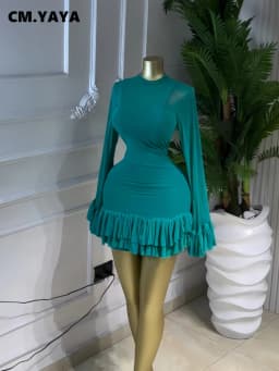 CM.YAYA Women Mesh Long Sleeve Wrap O-Neck Ruffles Pleated Hem Mini Party Dress 2026 Summer Party Beach Vacation Sexy Dress