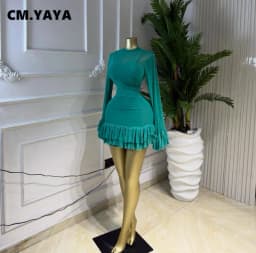 CM.YAYA Women Mesh Long Sleeve Wrap O-Neck Ruffles Pleated Hem Mini Party Dress 2026 Summer Party Beach Vacation Sexy Dress