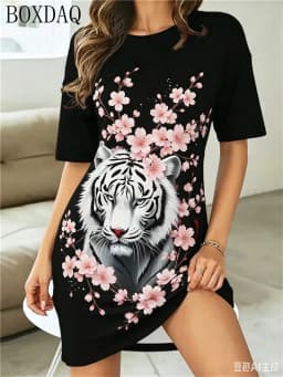 Summer Women's Dresses Casual Short Sleeve Round Neck Tiger Pattern Printed Loose Dress