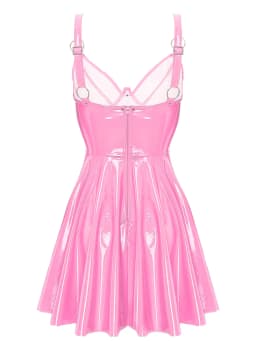 Womens Sexy Wet Look Patent Leather Slip Dress O-Ring Rivets Strappy V Neck Gothic Punk A-Line Mini Dresses Rave Party Clubwear