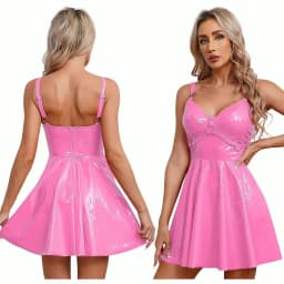 Womens Sexy Wet Look Patent Leather Slip Dress O-Ring Rivets Strappy V Neck Gothic Punk A-Line Mini Dresses Rave Party Clubwear