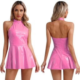 Womens Sexy Wet Look Patent Leather Slip Dress O-Ring Rivets Strappy V Neck Gothic Punk A-Line Mini Dresses Rave Party Clubwear