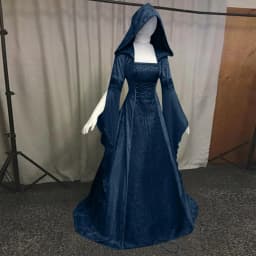 Women Cosplay Dresses Splice Medieval Retro Hooded Long Sleeve Drawstring Waist Cinched Large Floor Length Skirt Dress Vestidos