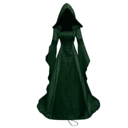 Women Cosplay Dresses Splice Medieval Retro Hooded Long Sleeve Drawstring Waist Cinched Large Floor Length Skirt Dress Vestidos