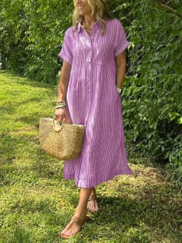 Summer Women's Striped Dress Shirt Lapel Loose Button Cardigan Pocket Fashion Vacation Casual Street Midi Skirt for Female