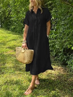 Summer Women's Striped Dress Shirt Lapel Loose Button Cardigan Pocket Fashion Vacation Casual Street Midi Skirt for Female