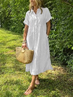 Summer Women's Striped Dress Shirt Lapel Loose Button Cardigan Pocket Fashion Vacation Casual Street Midi Skirt for Female