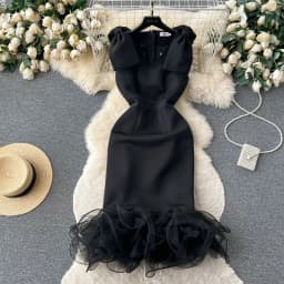 Women Evening Vestidos De Mujer Mesh Patchwork Rruffles Bow Female Black Dresses Ladies High Waist Sheath Sexy Dress Dropship