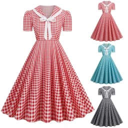 Plaid Printed Vintage Dresses Women Retro 50s 60s Swing Dress Rockabilly Party A Line Dress Summer Lady Bow Prom Dresses Vestido
