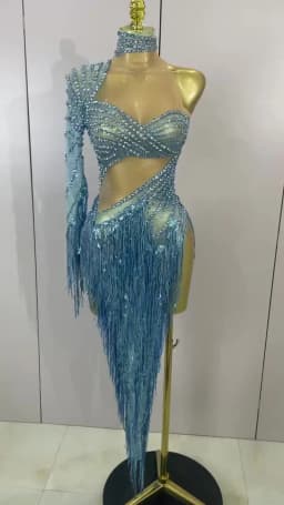 Sexy Latin Dance Outfits Sparkly Diamond Blue Rhinestone Mesh One Shoulder Tassel Dress Eveing Party Bar Nightclub Stage Costume
