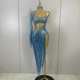 Sexy Latin Dance Outfits Sparkly Diamond Blue Rhinestone Mesh One Shoulder Tassel Dress Eveing Party Bar Nightclub Stage Costume