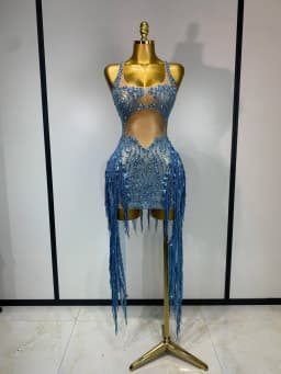 Sparkly Blue Rhinestone Tassel Mesh See Through Dress Pole Dancer Singer Outfit Women Sexy Evening Party Club Stage Costume