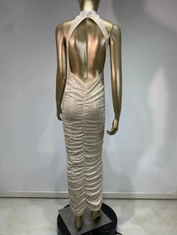 2025 Women Celebrity Sexy Sleeveless Diamonds Backless Ruched Beige Maxi Long Gowns Dress Elegant Evening Party Club Vestido