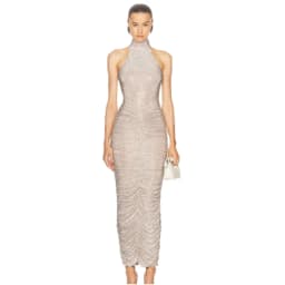 2025 Women Celebrity Sexy Sleeveless Diamonds Backless Ruched Beige Maxi Long Gowns Dress Elegant Evening Party Club Vestido