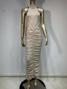 2025 Women Celebrity Sexy Sleeveless Diamonds Backless Ruched Beige Maxi Long Gowns Dress Elegant Evening Party Club Vestido